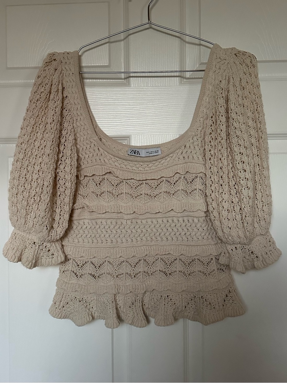 ZARA Cream Crochet Puff Ruffle Top